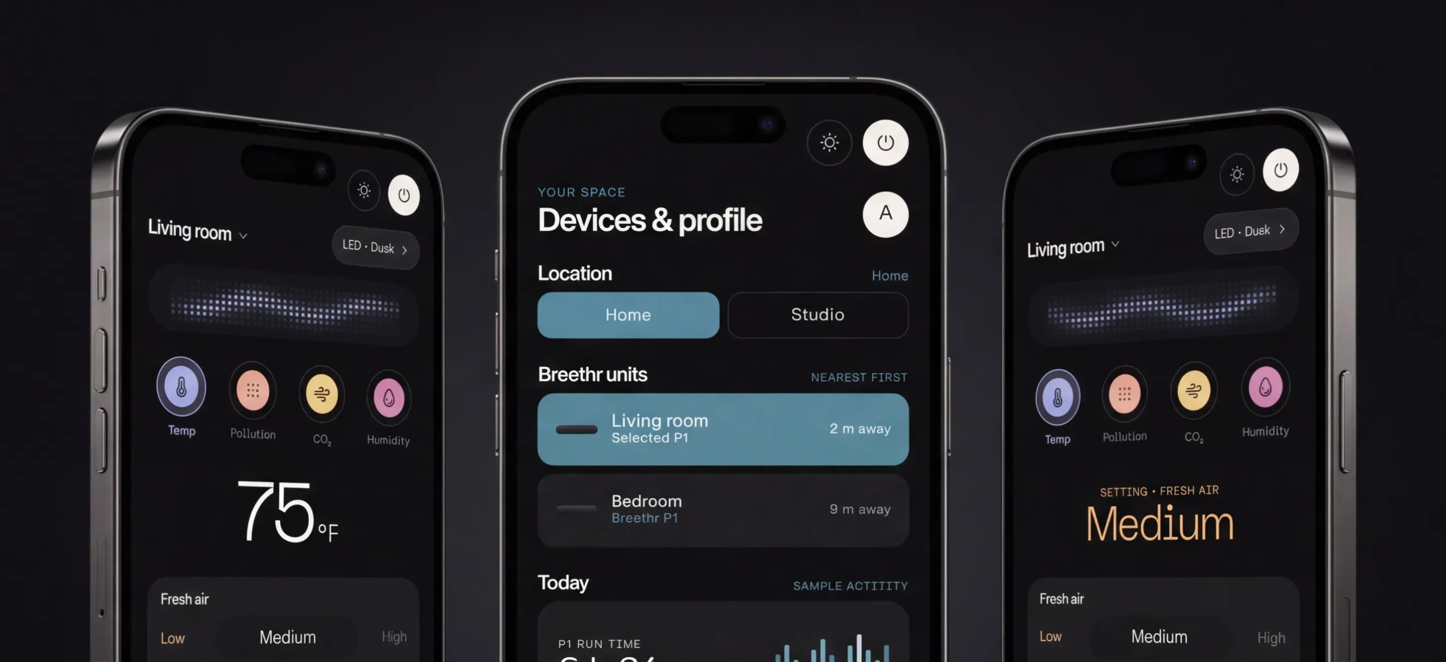 Three phones showing the Breethr app: room readings, devices and profile, and fresh air settings