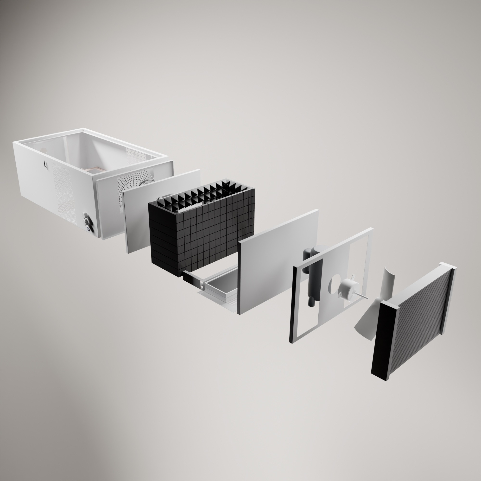 Exploded view of the P1 interior: housing, coil, filters and fan