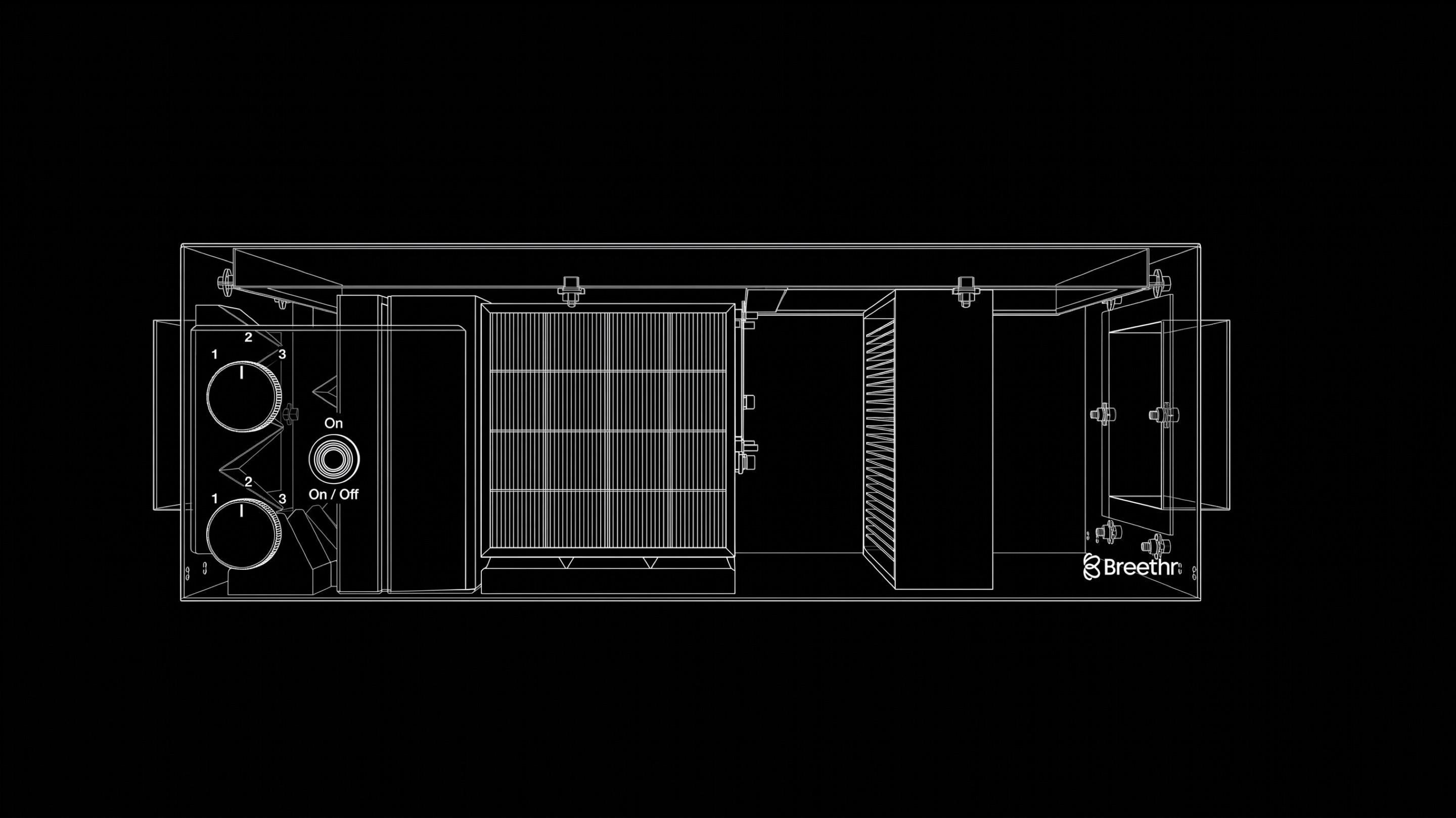 Line drawing of the P1 internals: fans, coil and filter stack
